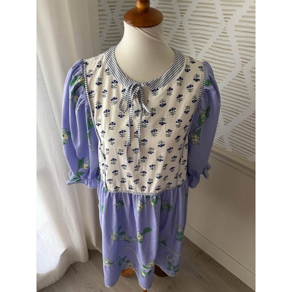 Boutique Women’s XL Violet Floral Puff Patchwork Shirt Dresses - Picture 4 of 8